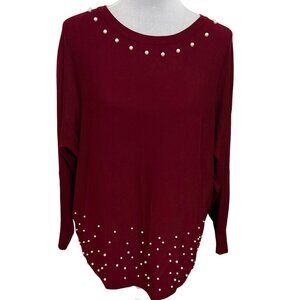 Kenneth Greene Fashion Sweater Womens M Burgundy Long Sleeve Pearl Embellished